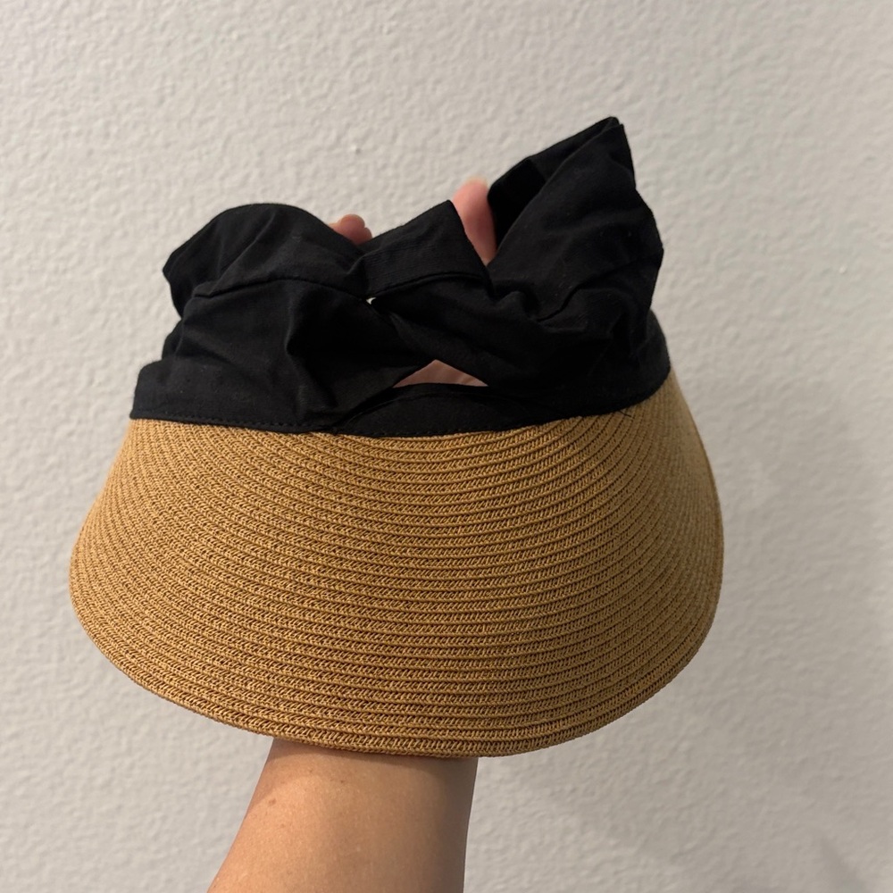 Black and Tan Straw Visor with Fabric Headband